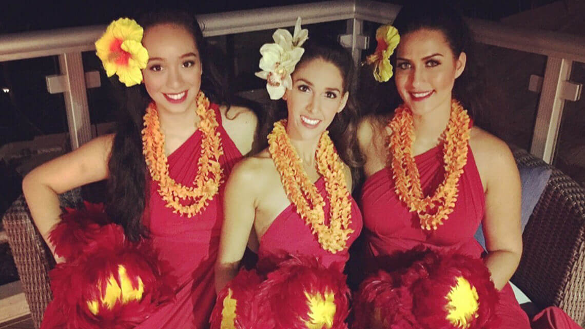 three hula dancers in costumes